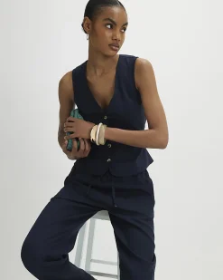 Navy Linen Blend Button V-Neck Waistcoat