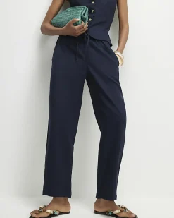 Navy Linen Blend Drawstring Tapered Trousers