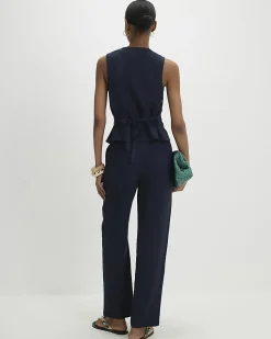 Navy Linen Blend Drawstring Tapered Trousers