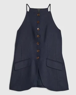 Navy Linen Blend Longline Waistcoat