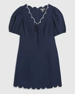 Navy Linen Blend Scallop Trim V Neck Dress