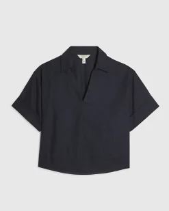 Navy Linen Blend Short Sleeve Shirt
