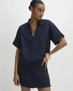 Navy Linen Blend Short Sleeve Shirt