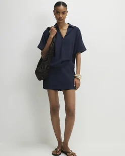 Navy Linen Blend Short Sleeve Shirt