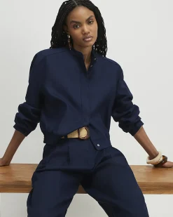 Navy Linen Blend Tailored Bomber Jacket