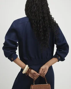 Navy Linen Blend Tailored Bomber Jacket