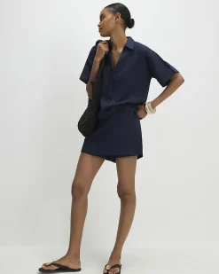 Navy Linen Blend Tie Side Skort
