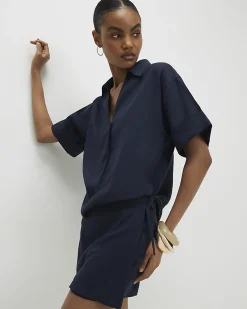 Navy Linen Blend Tie Side Skort