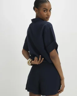 Navy Linen Blend Tie Side Skort