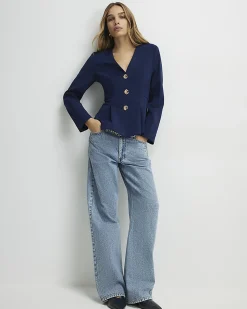 Navy Long Sleeve Pleated Jacket