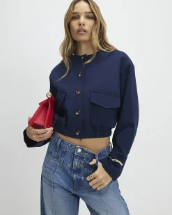 Navy Long Sleeve Pocket Detail Bomber Jacket