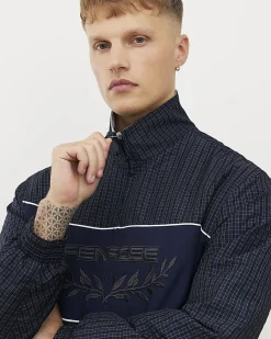 Navy Microcheck Funnel Track Jacket
