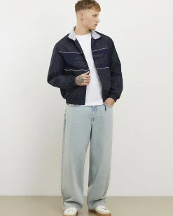 Navy Microcheck Funnel Track Jacket