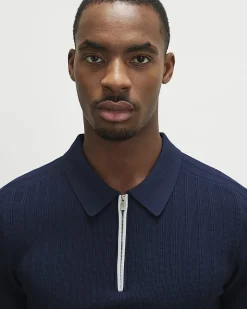 Navy Muscle Fit Ribbed Quarter Zip Polo Shirt