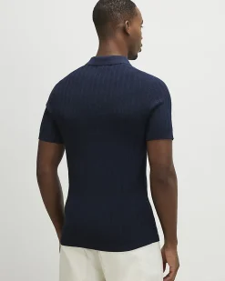 Navy Muscle Fit Ribbed Quarter Zip Polo Shirt