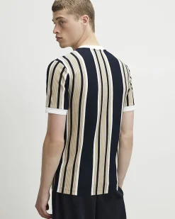 Navy Muscle Fit Stripe Textured T-Shirt