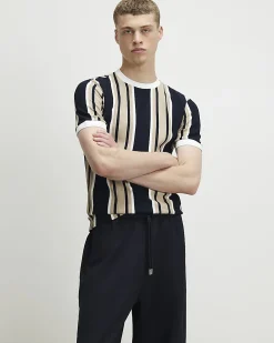Navy Muscle Fit Stripe Textured T-Shirt