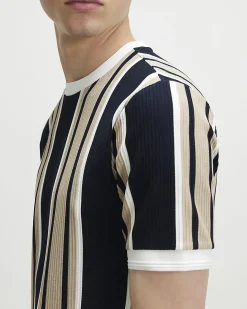 Navy Muscle Fit Stripe Textured T-Shirt