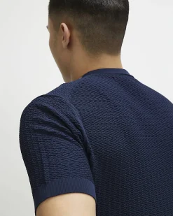 Navy Muscle Fit Zig Zag Textured T-Shirt