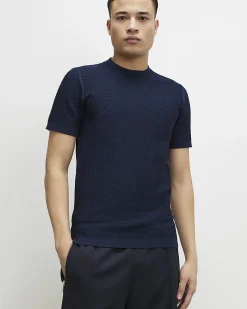 Navy Muscle Fit Zig Zag Textured T-Shirt