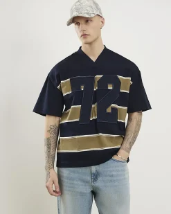 Navy Oversized Fit Stripe Heavyweight T-Shirt