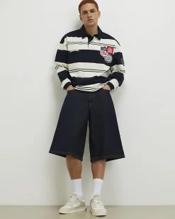 Navy Oversized Fit Stripe Rugby Polo Shirt