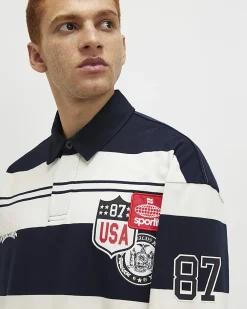 Navy Oversized Fit Stripe Rugby Polo Shirt