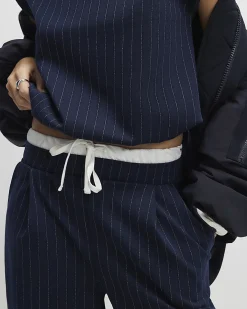 Navy Pinstripe Drawstring Wide Leg Trousers