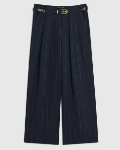 Navy Pinstripe Low Waist Belted Trousers
