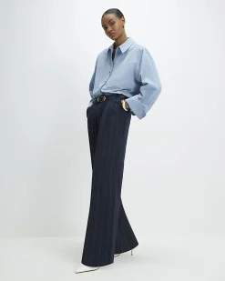 Navy Pinstripe Low Waist Belted Trousers