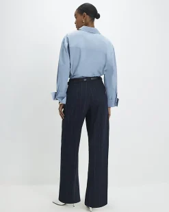 Navy Pinstripe Low Waist Belted Trousers
