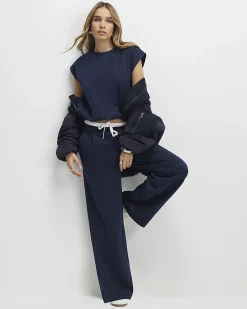 Navy Pinstripe Tie Side Bubble Hem Top