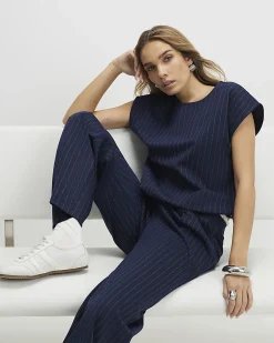 Navy Pinstripe Tie Side Bubble Hem Top