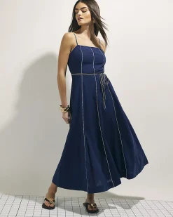 Navy Piped Rope Belt Midi Dress