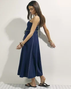Navy Piped Rope Belt Midi Dress