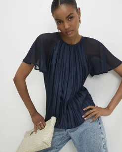 Navy Pleated Hybrid Short Sleeve T-Shirt