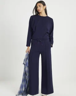 Navy Premium Wide Leg Pintuck Joggers