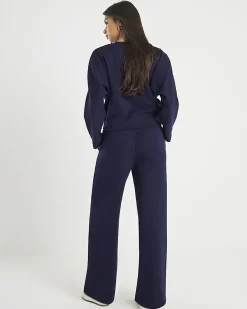 Navy Premium Wide Leg Pintuck Joggers