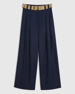 Navy Raffia Belted Tailored Wide Leg Trousers
