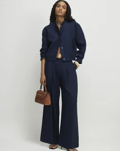 Navy Raffia Belted Tailored Wide Leg Trousers
