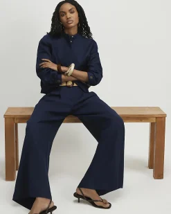 Navy Raffia Belted Tailored Wide Leg Trousers