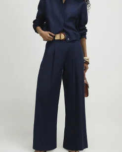 Navy Raffia Belted Tailored Wide Leg Trousers