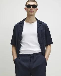 Navy Regular Fit Textured Shorts