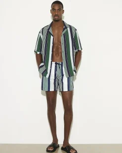 Navy Regular Length Stripe Swim Shorts