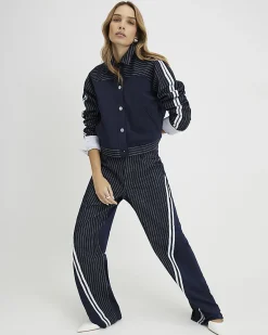 Navy Relaxed Straight Leg Stripe Hybrid Jeans