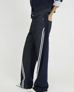 Navy Relaxed Straight Leg Stripe Hybrid Jeans