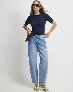 Navy Short Sleeve Cotton Fitted Top