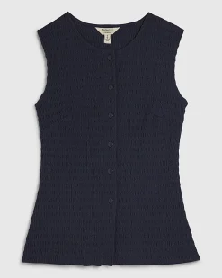 Navy Sleeveless Textured Button Through Top