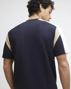 Navy Slim Fit Shoulder Colour Block T-Shirt