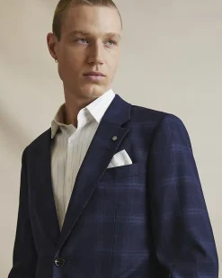 Navy Slim Fit Stretch Check Suit Jacket